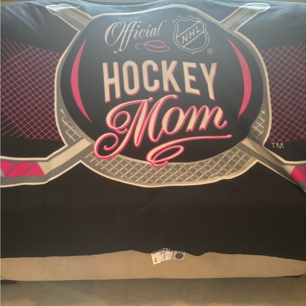 Official NHL Hockey Mom Soft Blanket Pink and Gray on Black